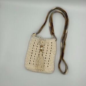 Hand Crocheted Crossbody Ivory Cream 6" x‎ 7.5" Handbag Pouch with Tassel Accent